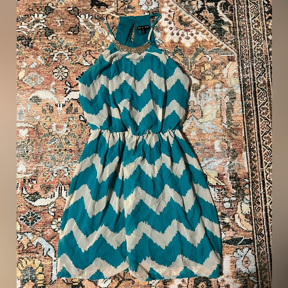 As U Wish Mini Dress, Small, Teal and Cream